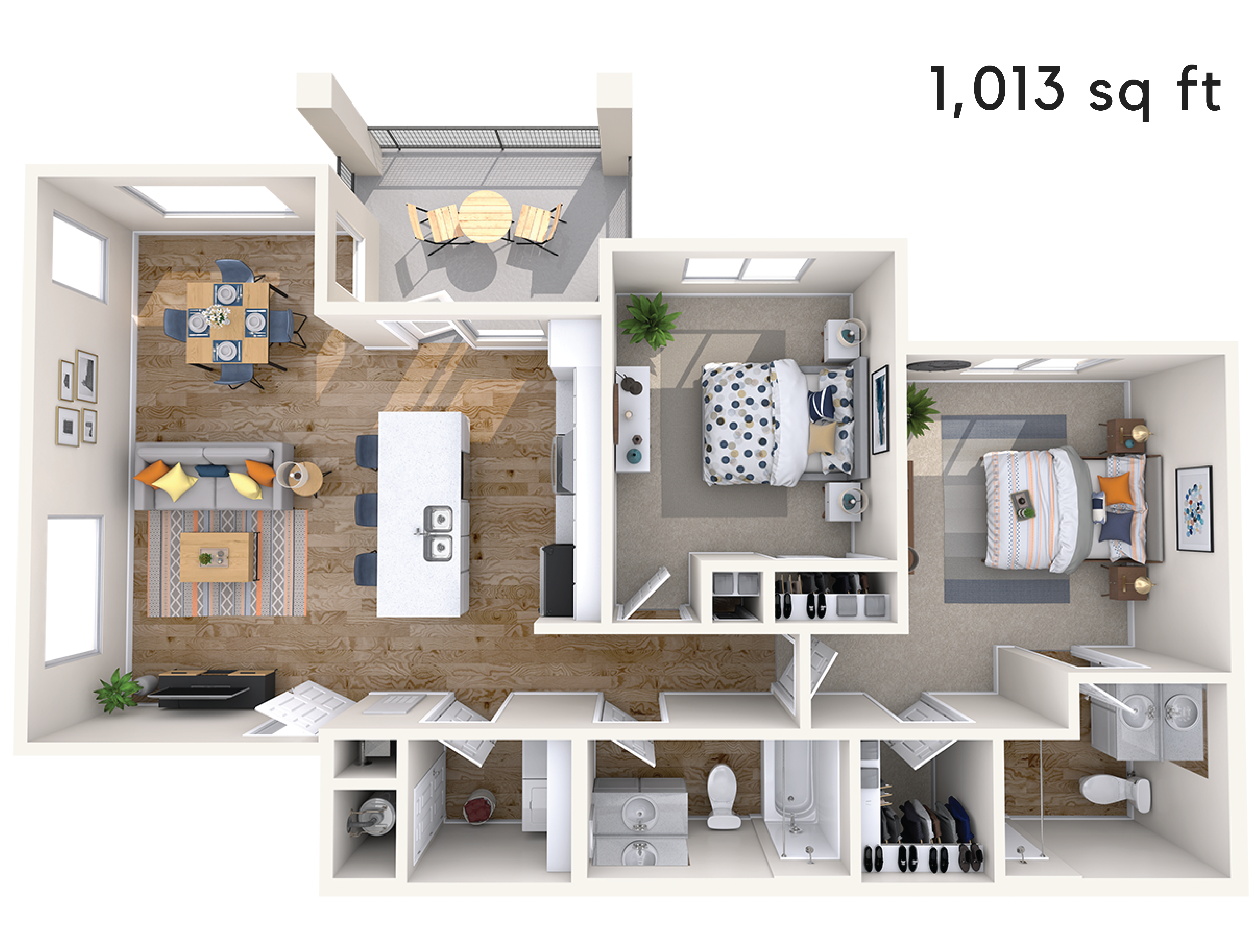 Floor plan for 2 beds, 2 baths, 1013 sqft